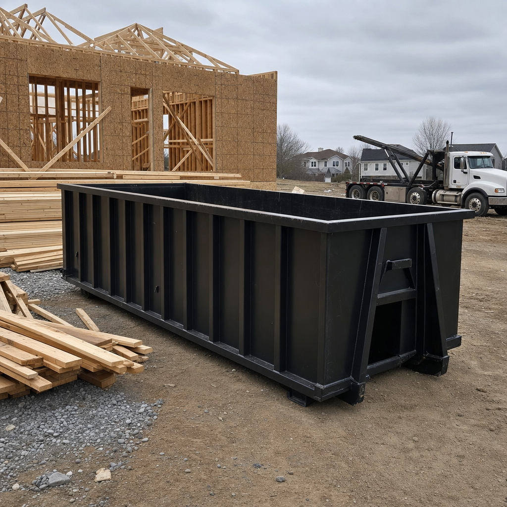 Matte-black 40-yard roll-off dumpster staged on a framed-out residential construction site in San Leandro, framing lumber stacked nearby, hooklift delivery truck visible in the background under bright Colorado daylight