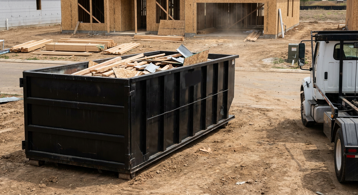 Matte-black 20-yard roll-off construction dumpster with heavy ribbed steel sidewalls and swing rear doors at a working jobsite in San Leandro, sitting directly on compacted dirt with an unmarked white hauler partially visible at the far edge of the frame.