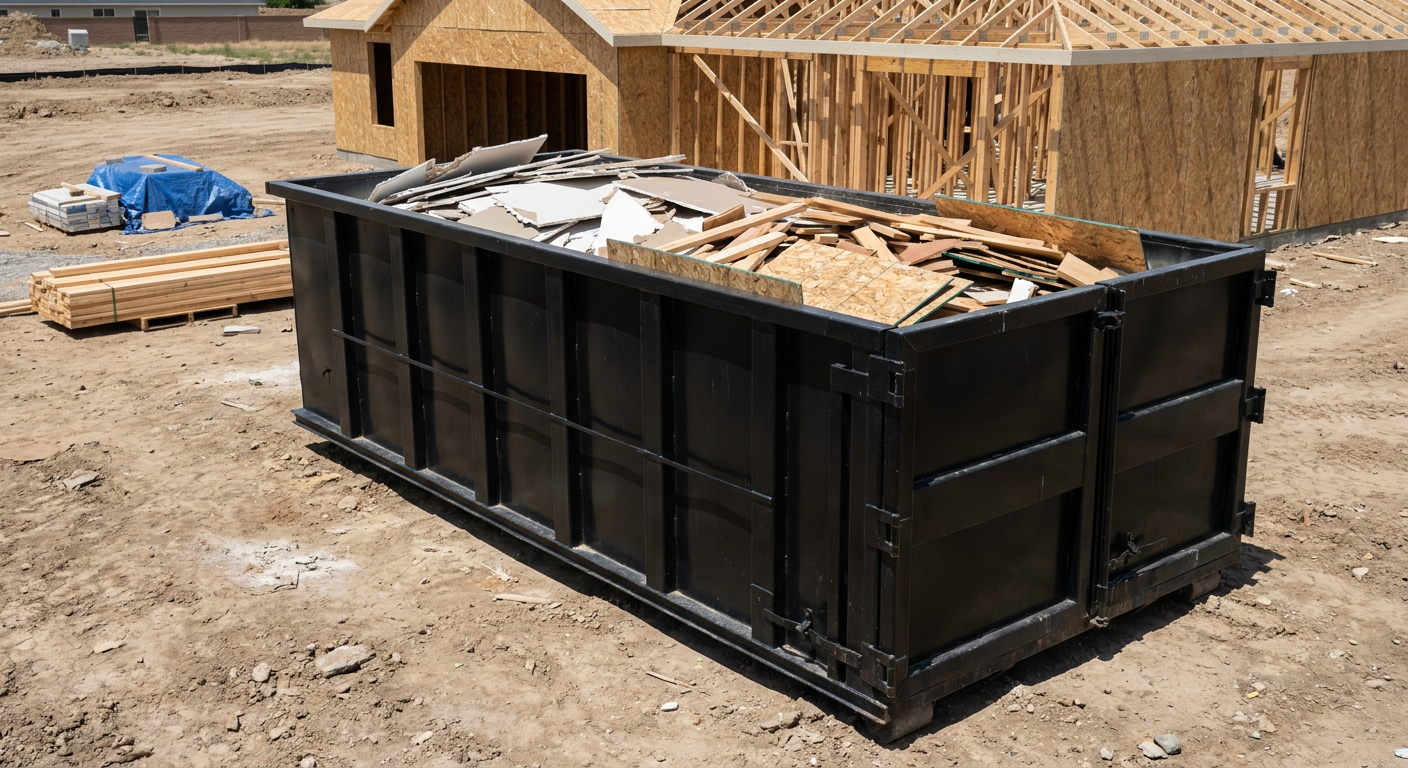 Matte-black 30-yard roll-off construction dumpster sitting directly on the compacted-dirt site of a framed single-family home build in San Leandro, drywall and lumber scrap loaded inside.
