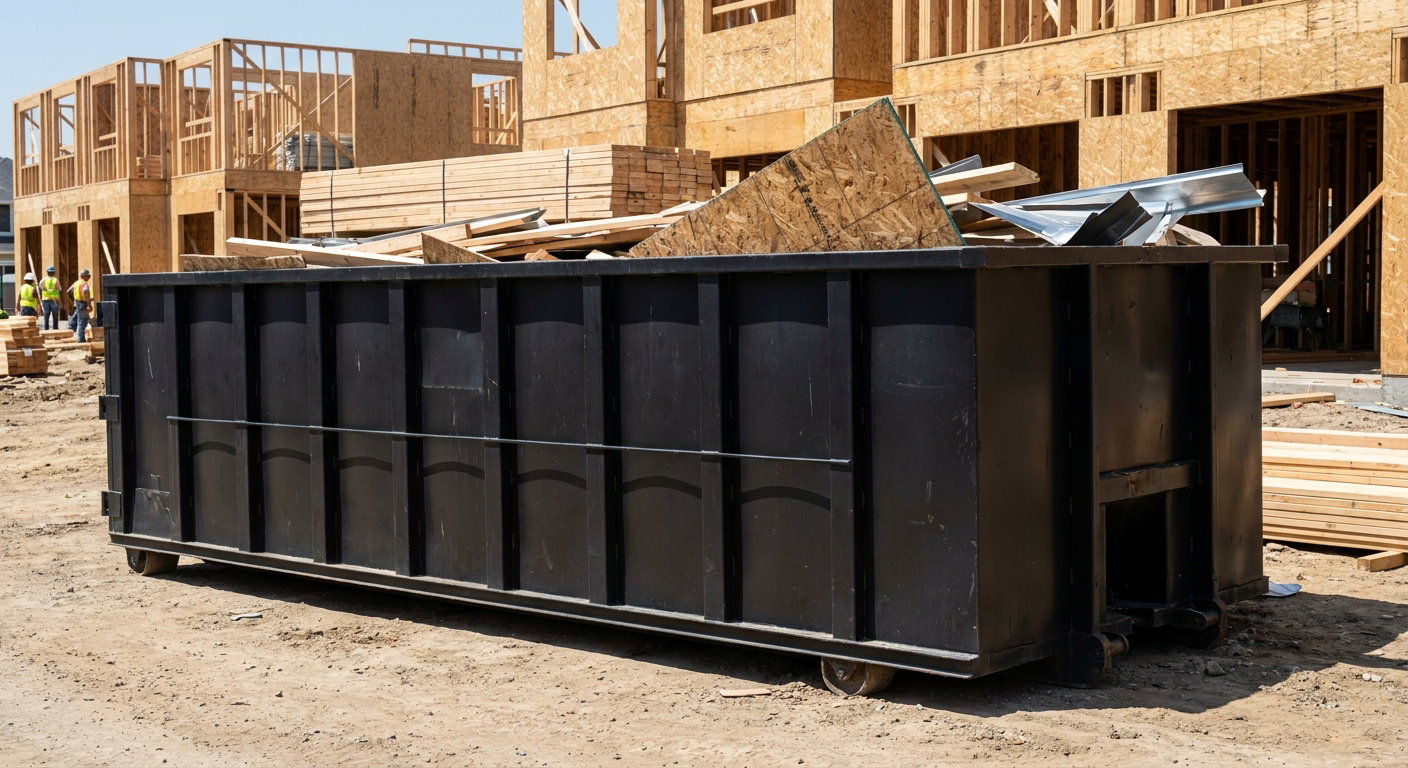 Matte-black 40-yard roll-off construction dumpster being lowered from a white-cab hooklift delivery truck onto the compacted-dirt jobsite at a commercial build site in San Leandro