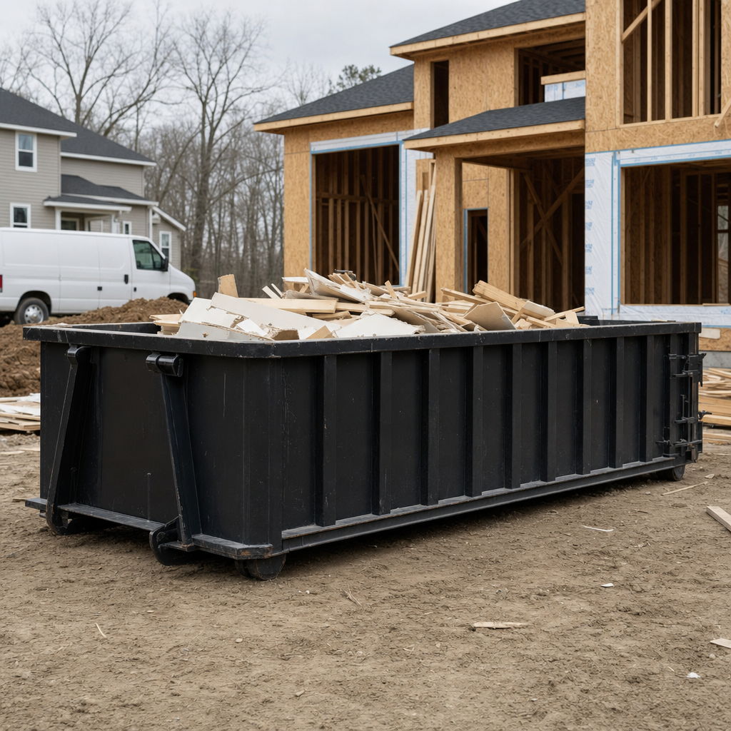 Worker in a yellow high-visibility vest tossing framing lumber and broken drywall into a matte-black 30-yard construction roll-off dumpster on an active build site in San Leandro, bright daylight