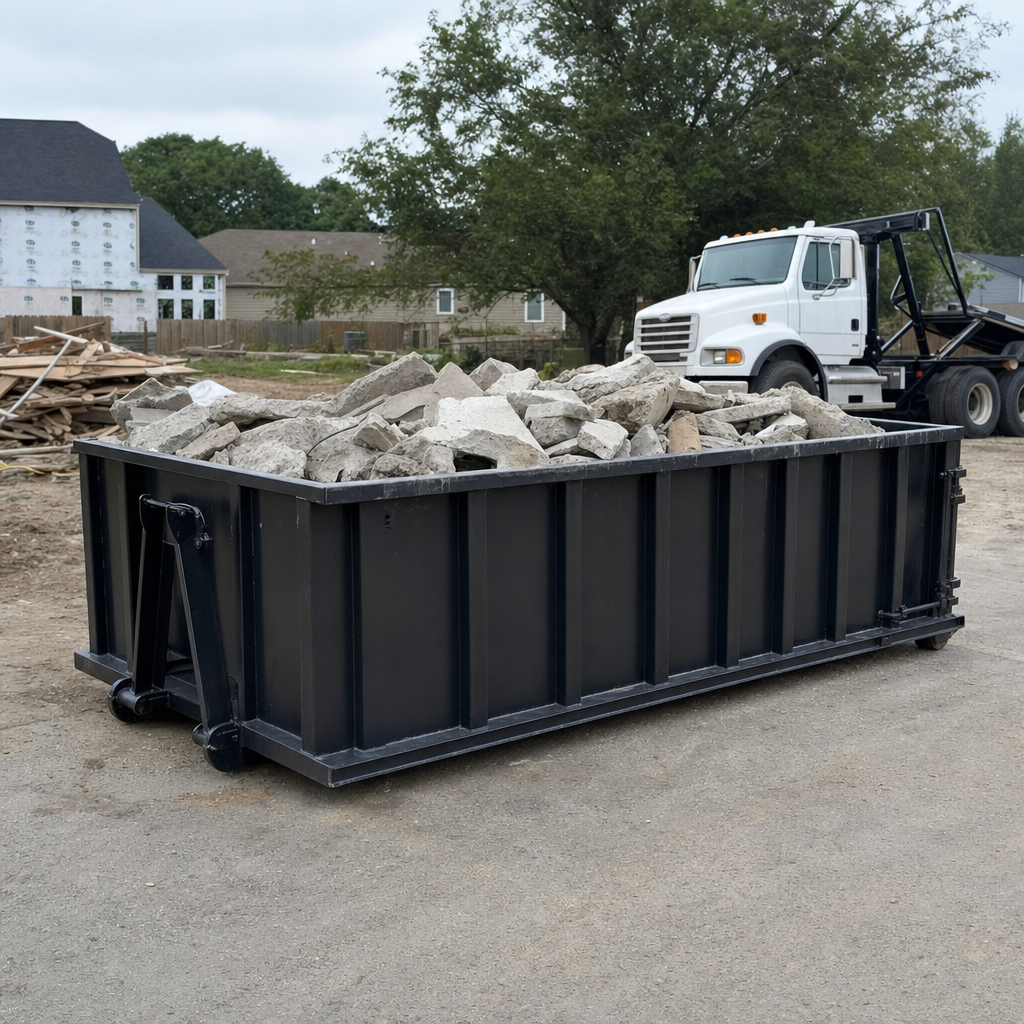 Low-profile matte-black lowboy roll-off dumpster loaded with broken concrete slab and rebar at a foundation tear-out in San Leandro, skid steer parked beside it, sunny Colorado morning