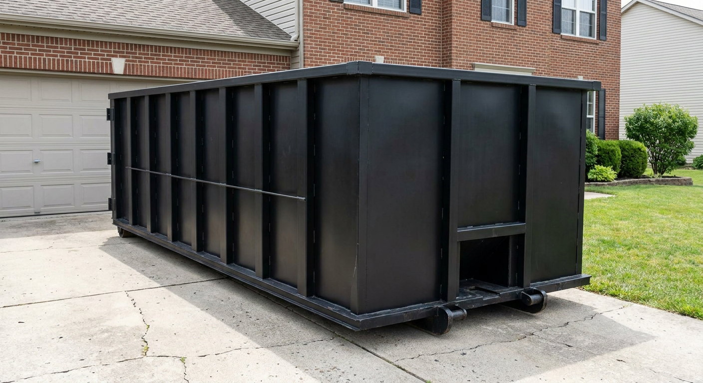 Matte-black 20-yard roll-off container on a San Leandro residential concrete driveway with reinforced ribbed steel sidewalls and a hinged rear walk-in door, clean bright daylight.