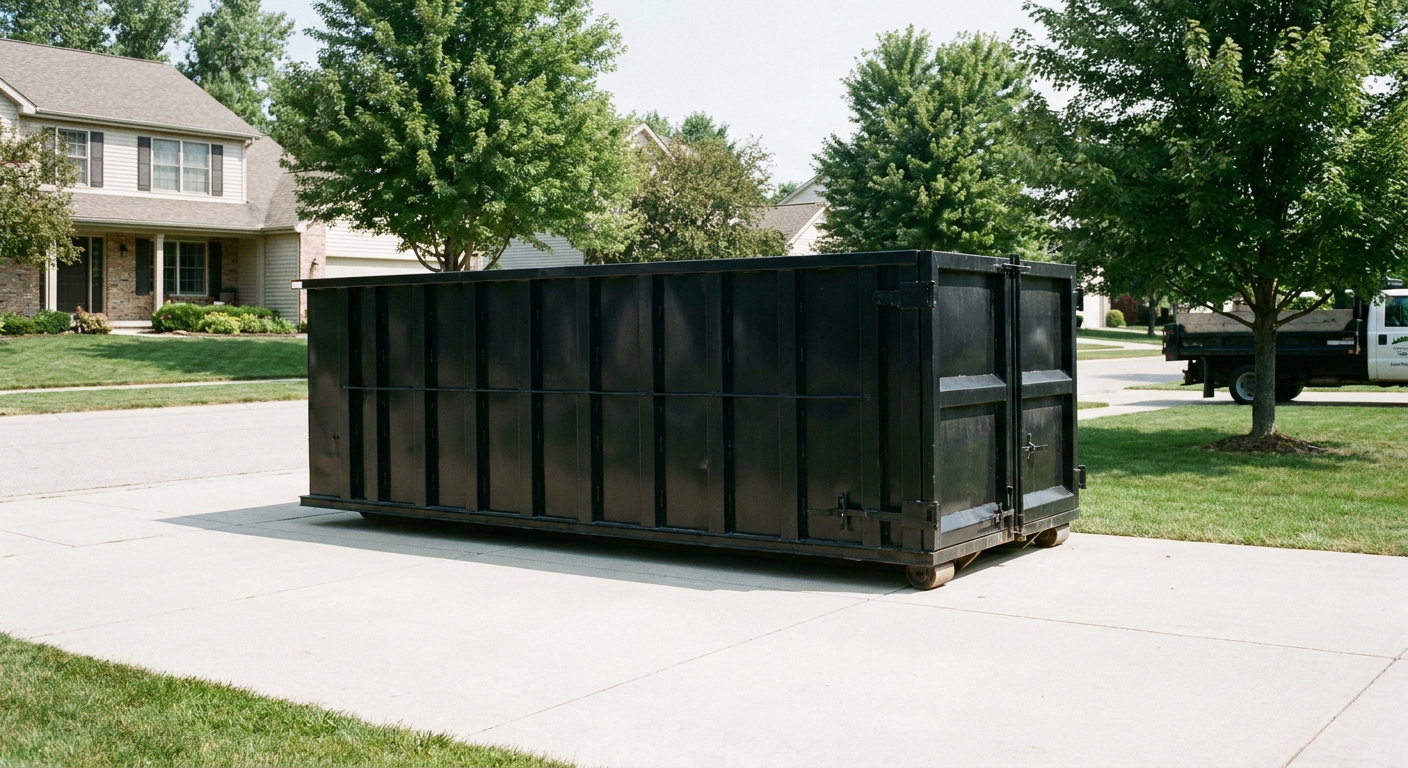 Matte-black 20-yard roll-off dumpster sitting level on a clean San Leandro residential concrete driveway under bright daylight, demonstrating clean placement directly on the concrete.