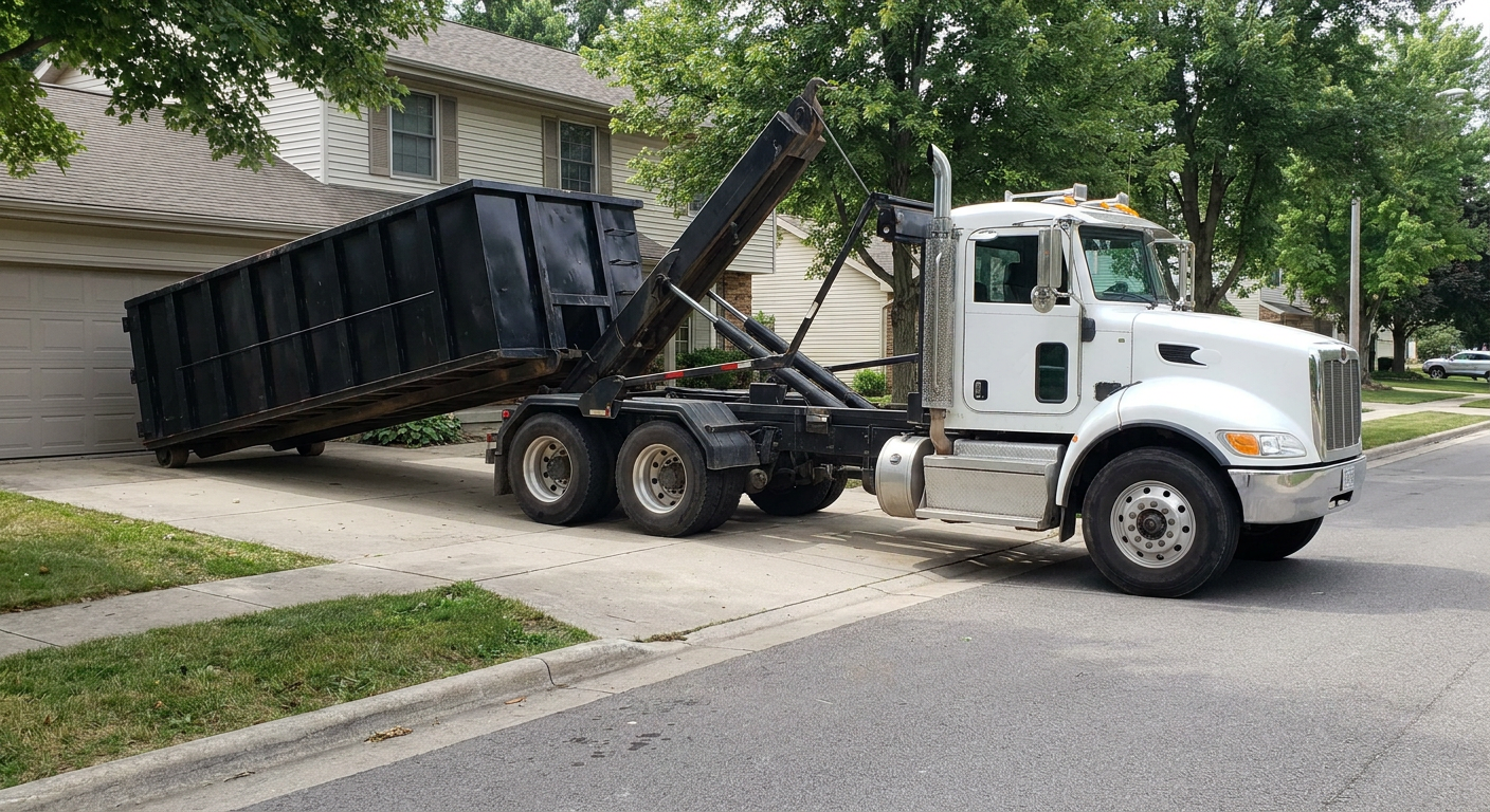 White-cab hooklift roll-off truck actively lowering a matte-black dumpster onto a San Leandro residential concrete driveway, the dumpster's rear wheels touching the driveway as the hoist arm tilts the bed forward, mid-morning daylight.