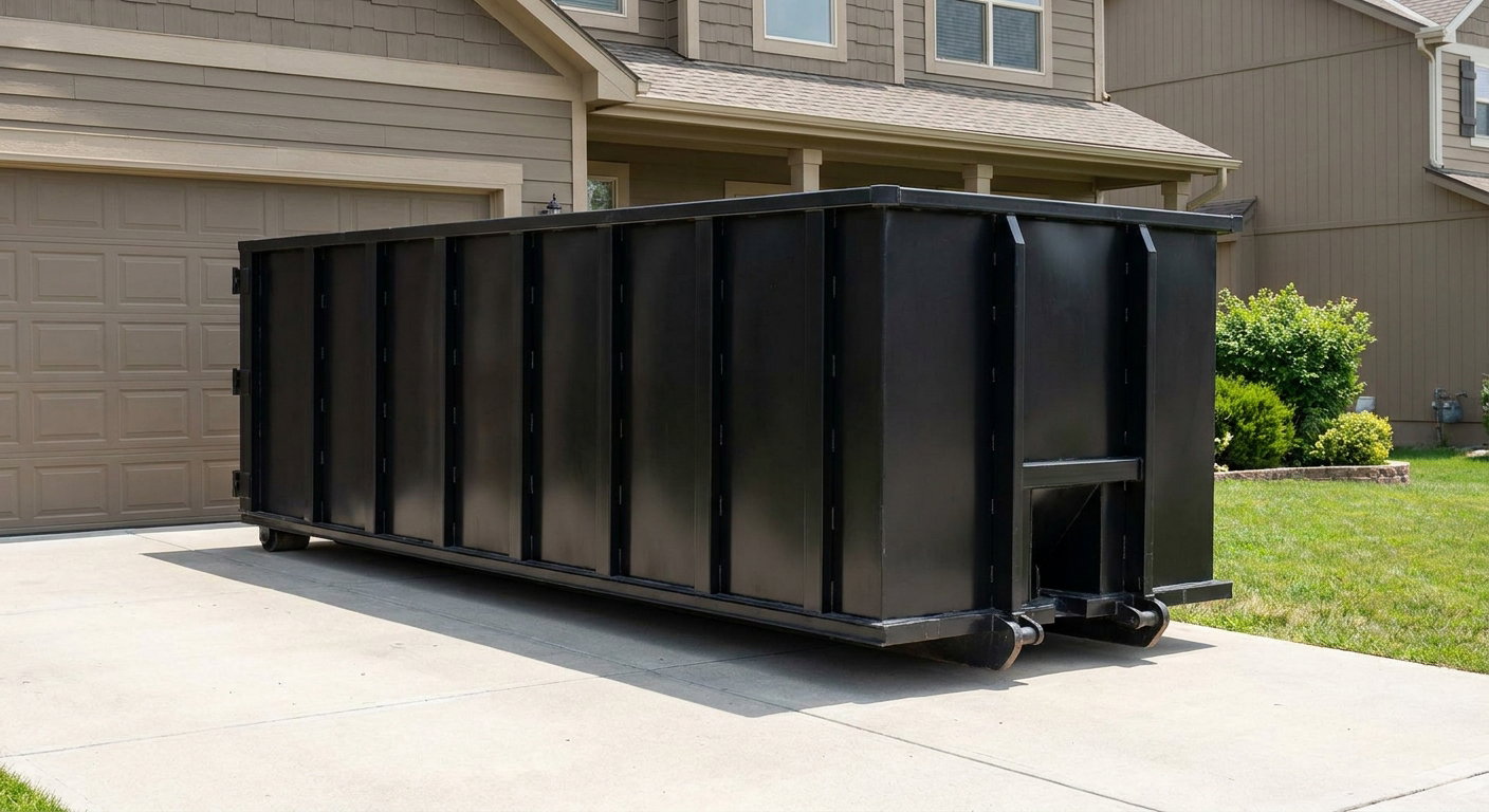 Matte-black residential roll-off dumpster sitting directly on a suburban San Leandro concrete driveway, garage door closed, single-family home in background, bright morning daylight.