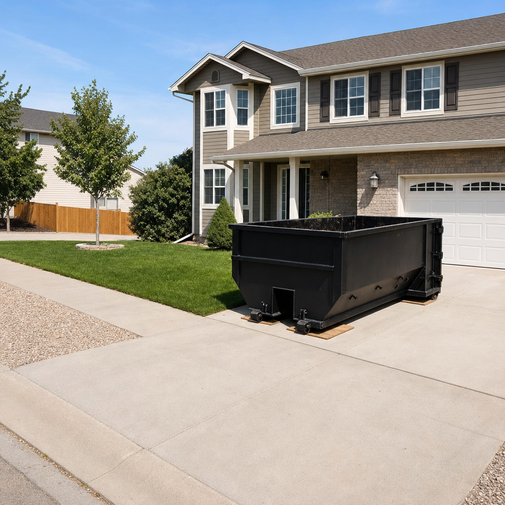 10-yard matte-black residential dumpster placed directly on a narrow San Leandro concrete driveway, room remains for a parked sedan beside it, mid-morning natural light