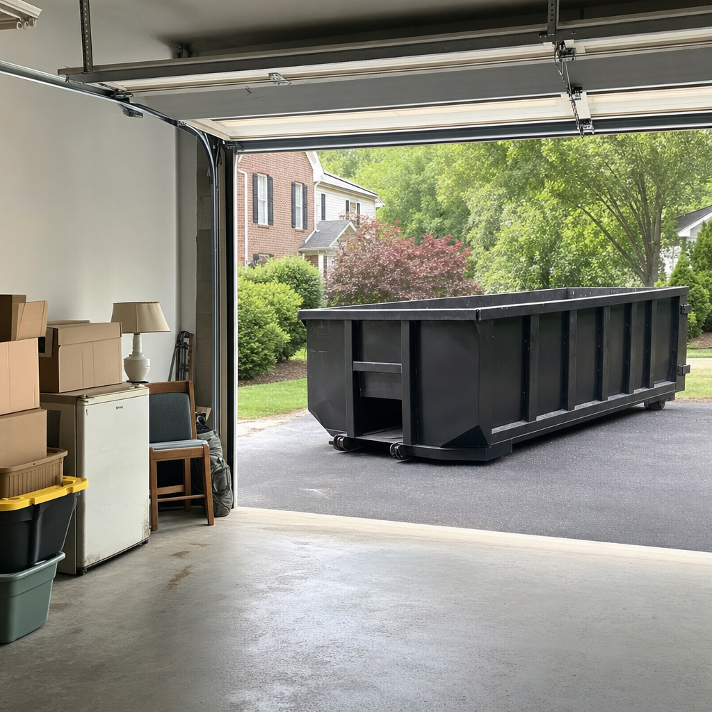 Open garage interior in a San Leandro home mid-cleanout — boxed items, an old appliance, and stacked yard tools queued near the driveway for a matte-black roll-off dumpster, organized and calm