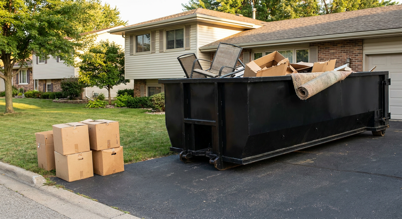 Front-yard view of a San Leandro split-level home with a 20-yard matte-black roll-off dumpster sitting directly on the asphalt driveway, a few clearly labeled donation boxes staged at the curb, calm sunny afternoon.