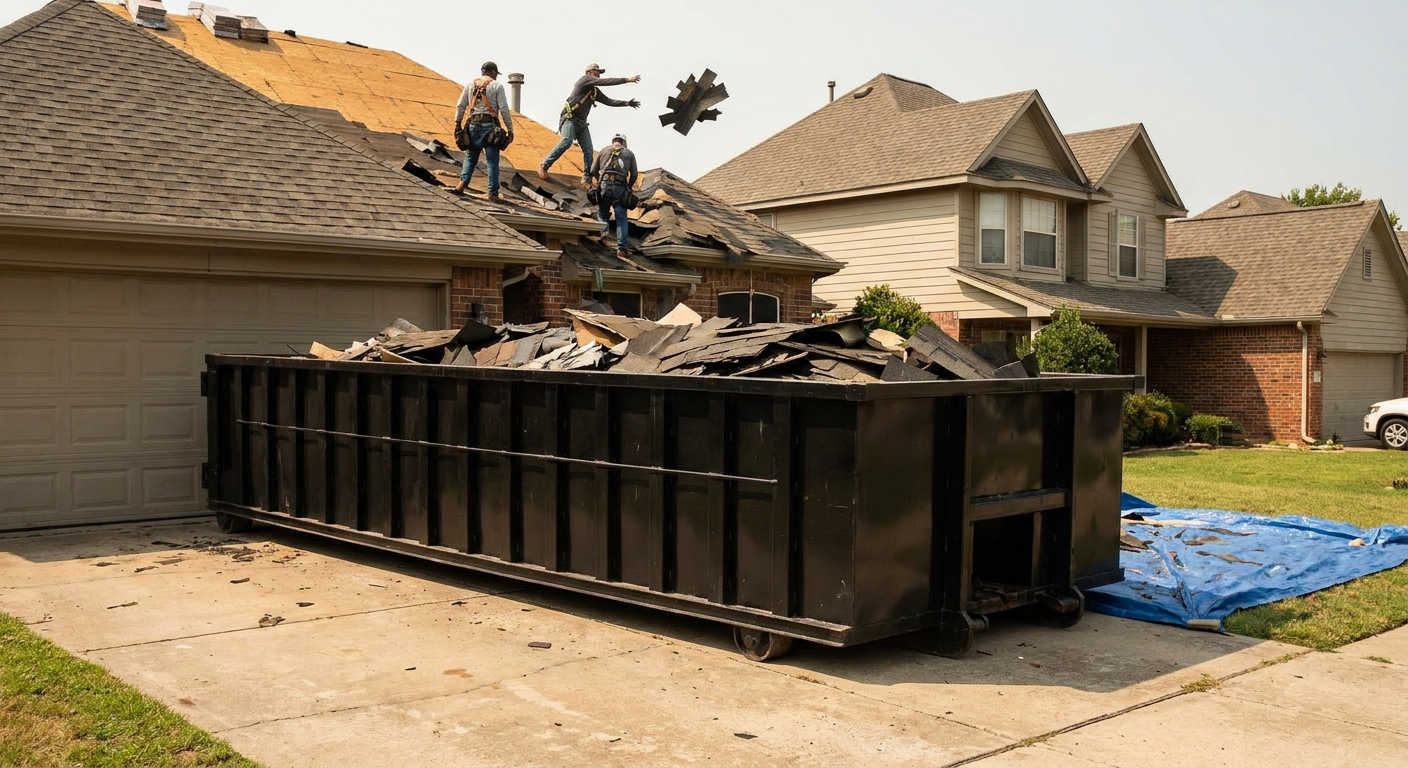 Matte-black roofing roll-off dumpster placed directly on a San Leandro residential concrete driveway, a tear-off crew on a two-story asphalt-shingle roof tossing shingle bundles into the low-walled container, bright daylight, documentary 35mm perspective.