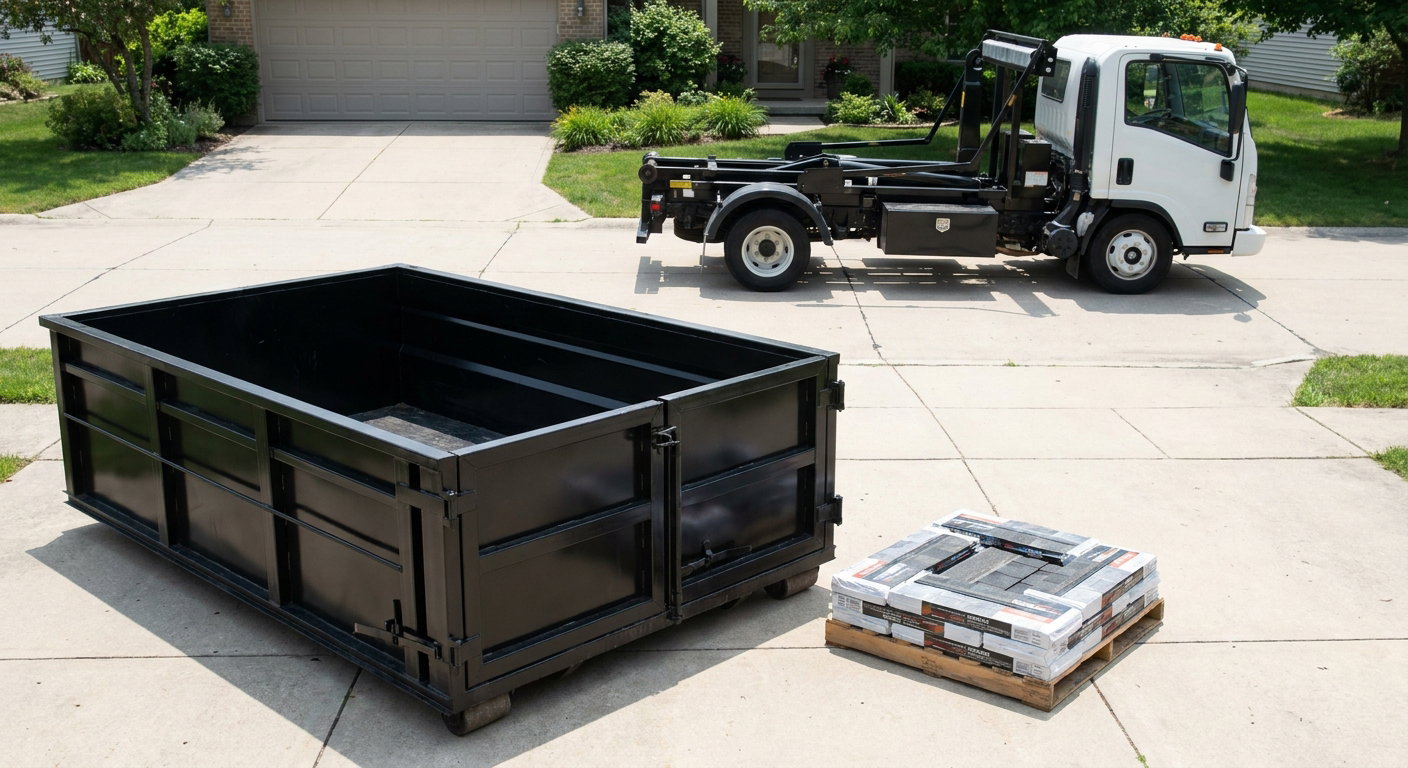 Matte-black 15-yard roofing roll-off dumpster with reinforced low side walls sitting directly on a San Leandro residential concrete driveway, three-tab asphalt shingle bundles stacked nearby, an unmarked white hauler truck partially visible at the edge of the frame.