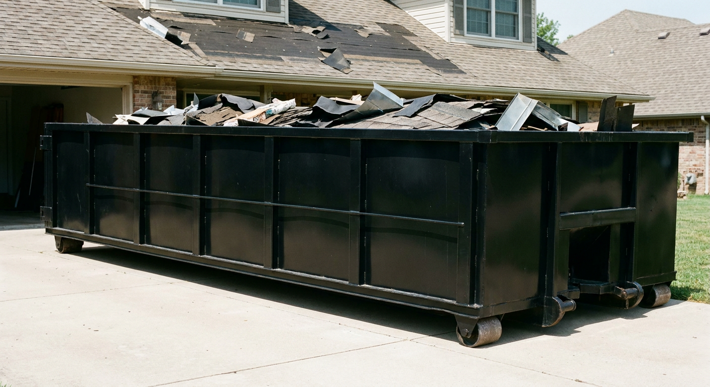 Matte-black 20-yard roofing roll-off dumpster with steel ribbed sides and swinging rear door, sitting directly on the concrete driveway of a two-story San Leandro home, asphalt shingle debris being loaded over the low wall, clean documentary lighting.