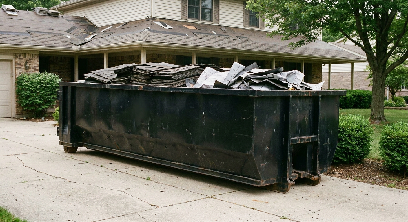 Matte-black 30-yard roofing roll-off dumpster sitting directly on a San Leandro concrete driveway, taller ribbed steel side panels, mixed tear-off debris of asphalt shingles and underlayment inside, professional documentary daylight.