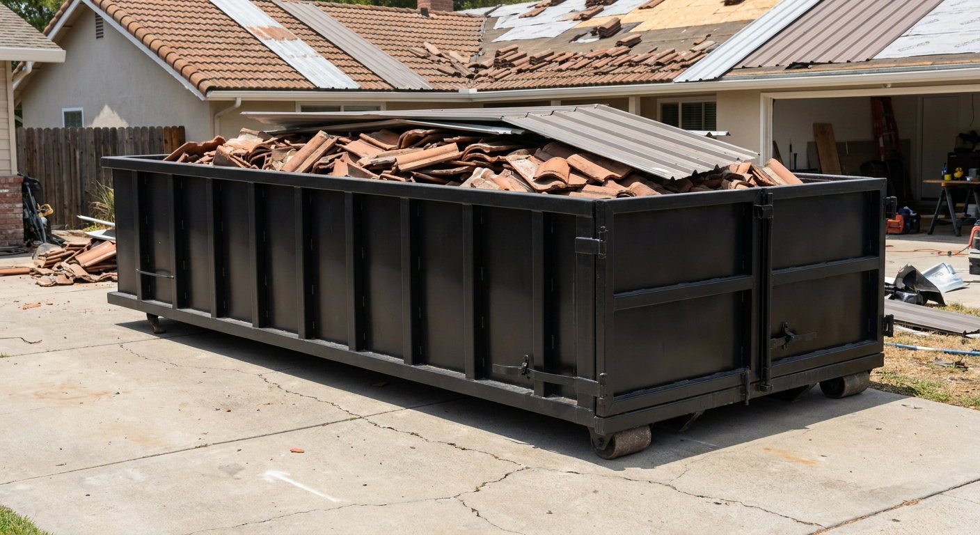 Matte-black low-wall heavy-debris roofing roll-off dumpster sitting directly on a San Leandro concrete driveway, broken concrete clay roof tiles and metal panel sections loaded inside, reinforced ribbed steel side walls visible, bright outdoor daylight.