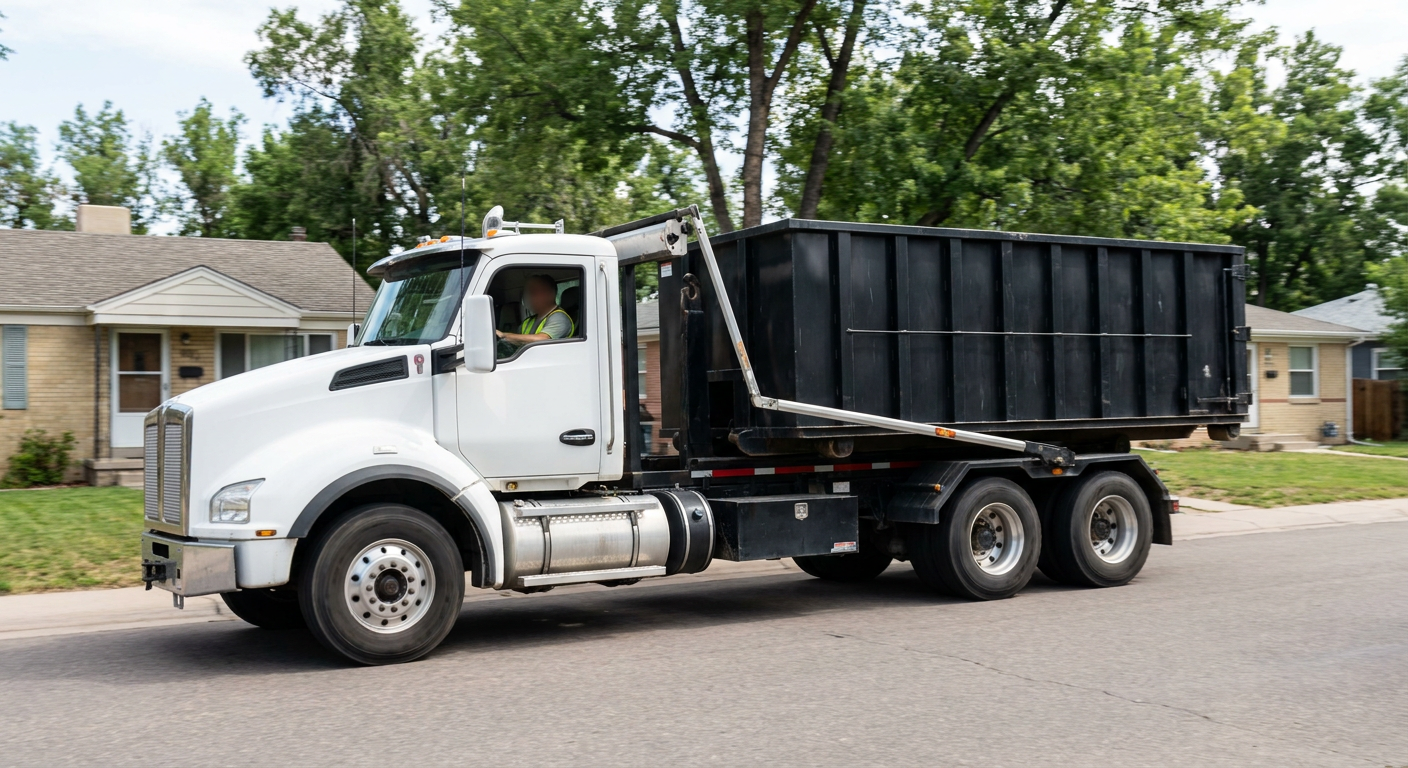 A wide documentary shot of a matte-black roll-off delivery truck pulling onto a quiet San Leandro residential street at mid-morning, with neighborhood rooftops and tree-lined blocks visible behind, showing the metro coverage footprint.