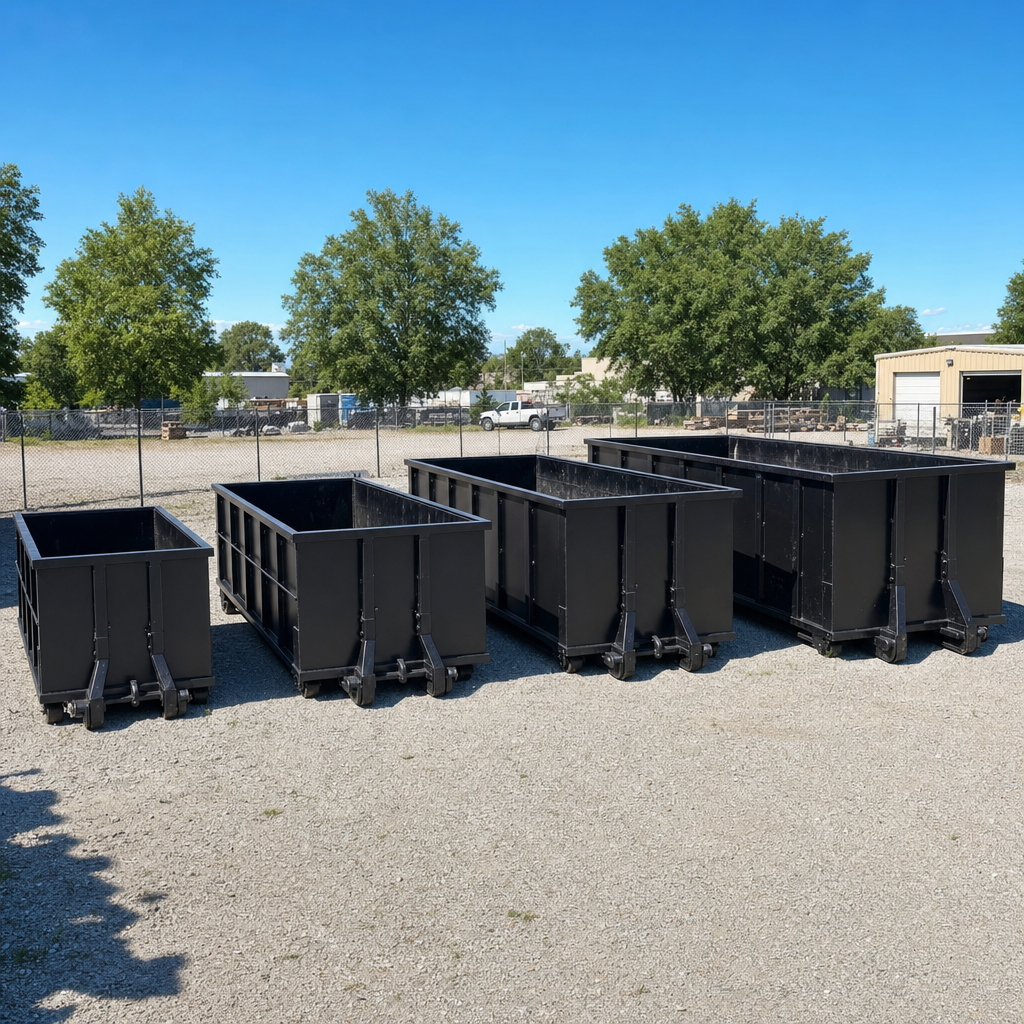 A clean lineup of matte-black roll-off dumpsters in 10, 20, 30, and 40-yard sizes staged on a sunlit gravel yard in San Leandro, showing the size progression from compact to commercial-scale containers.