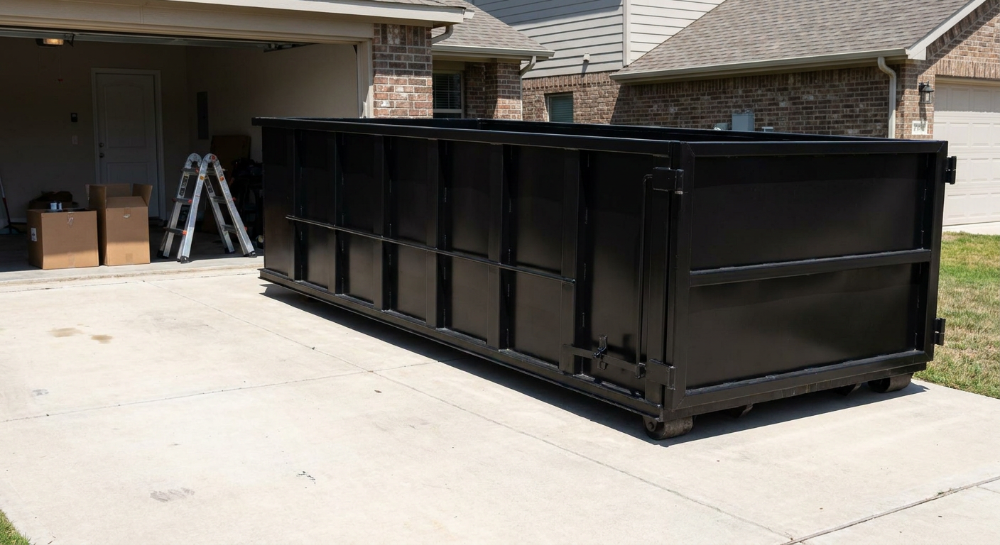 A matte-black 10-yard roll-off dumpster sitting directly on a residential San Leandro concrete driveway, mid-day sunlight, clean and ready for a garage cleanout.