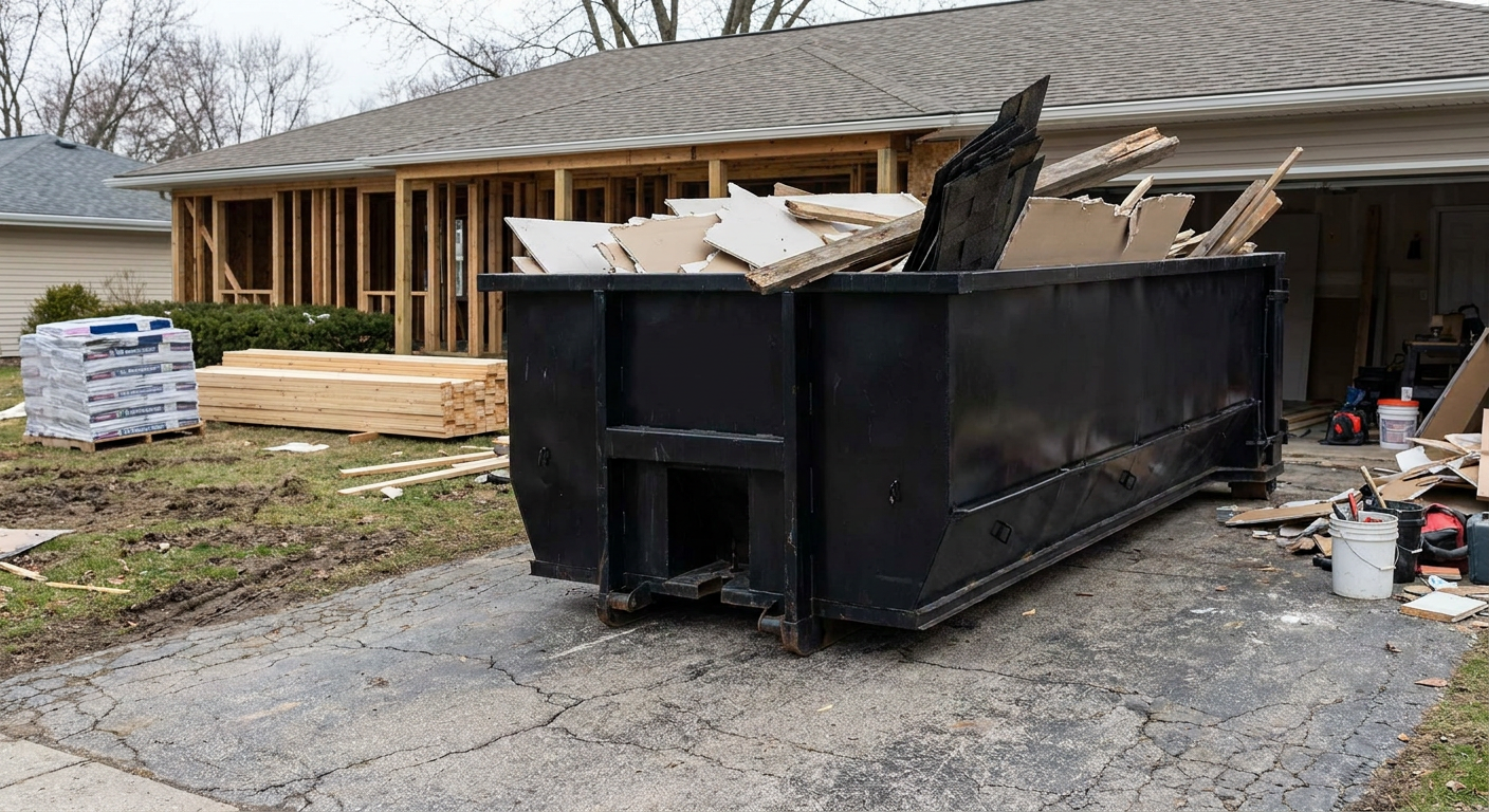 A matte-black 20-yard roll-off dumpster placed alongside a mid-renovation San Leandro home directly on the asphalt driveway, with framing materials and torn-off shingles staged neatly nearby.