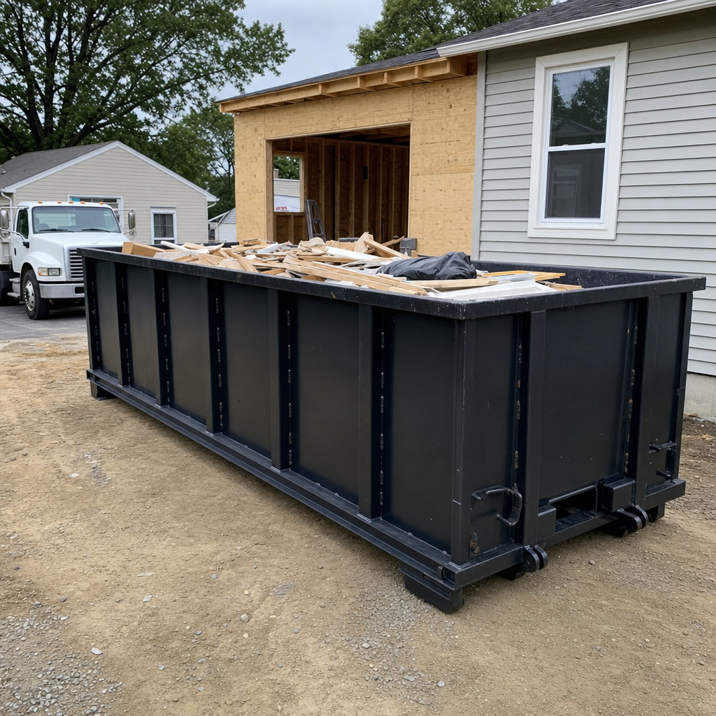 A matte-black 30-yard roll-off dumpster positioned at a San Leandro residential addition jobsite, with framing lumber and drywall scraps loaded through the open swinging rear doors.