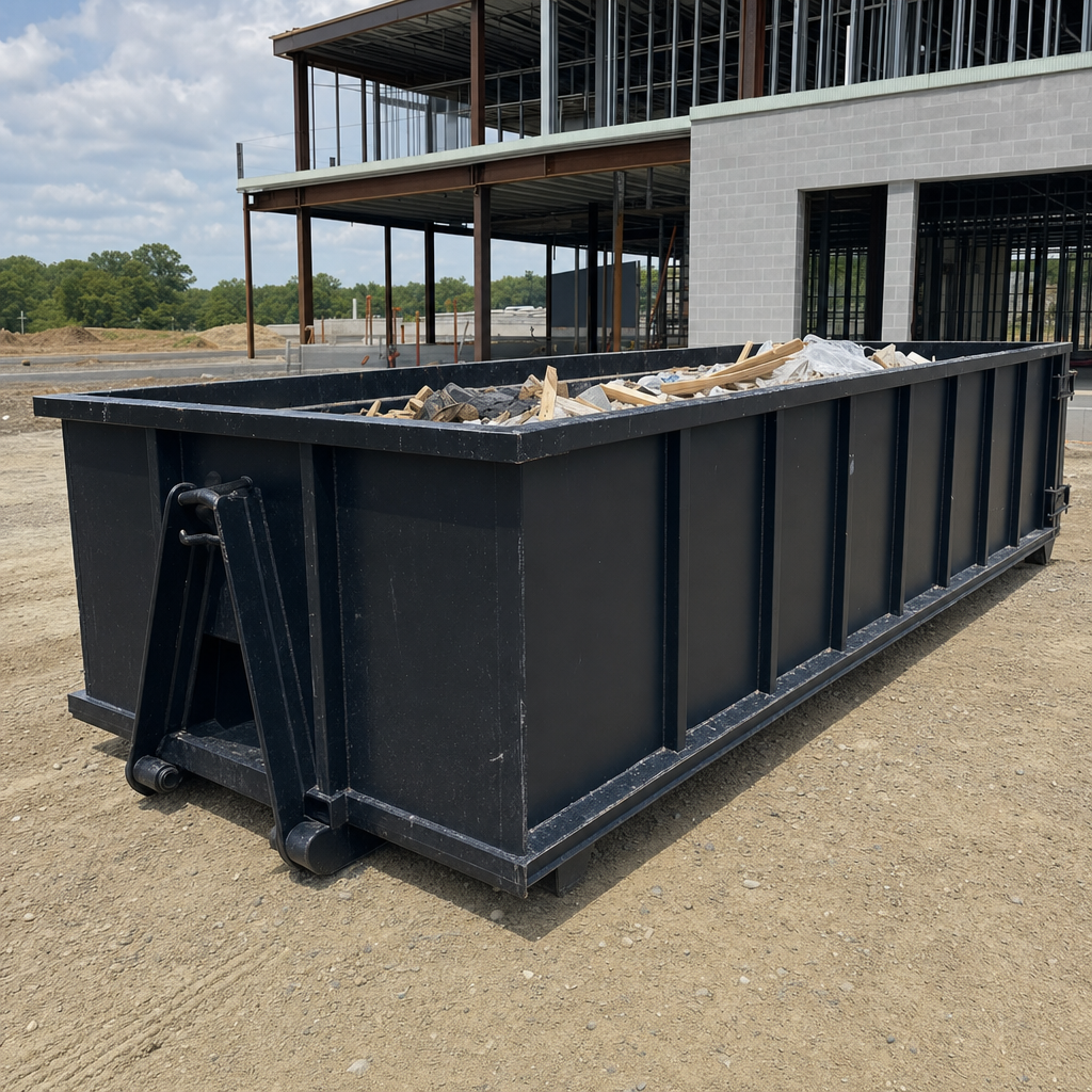 A matte-black 40-yard roll-off dumpster staged on a large San Leandro commercial construction lot, with a hooklift delivery truck parked alongside under bright midday sky.