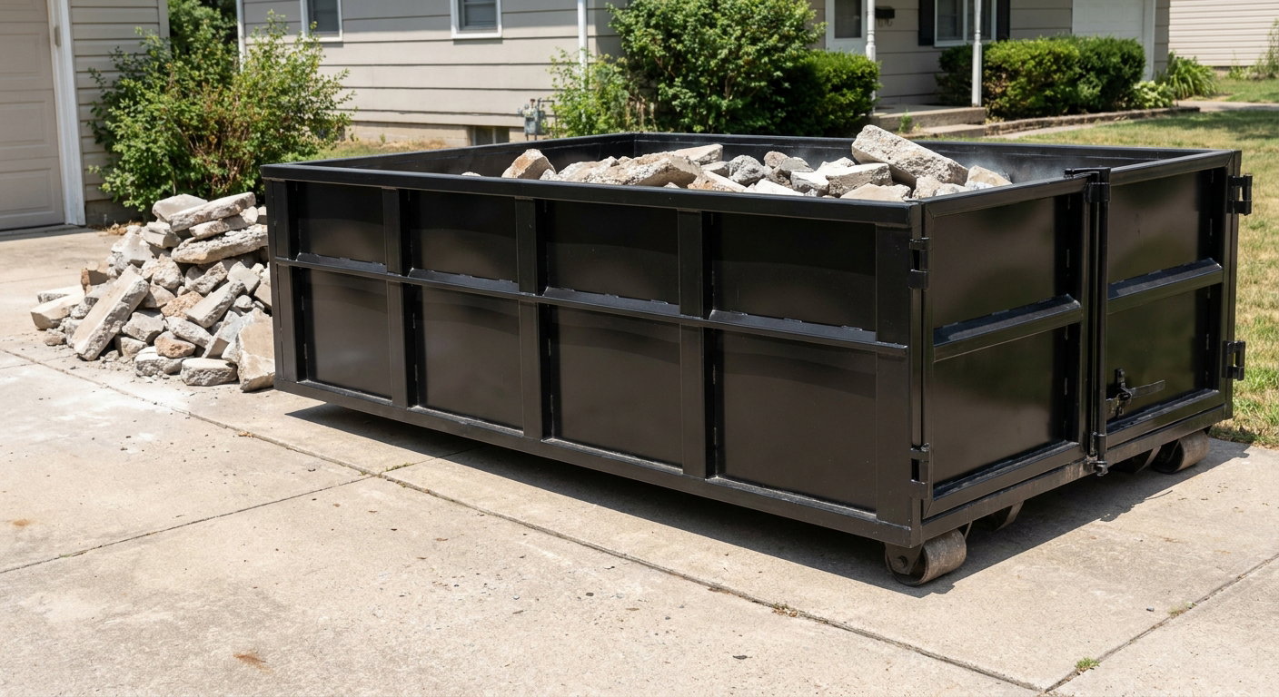 A matte-black low-side heavy-debris roll-off dumpster placed directly on a San Leandro concrete driveway, with broken concrete chunks neatly stacked beside it under clean daylight.